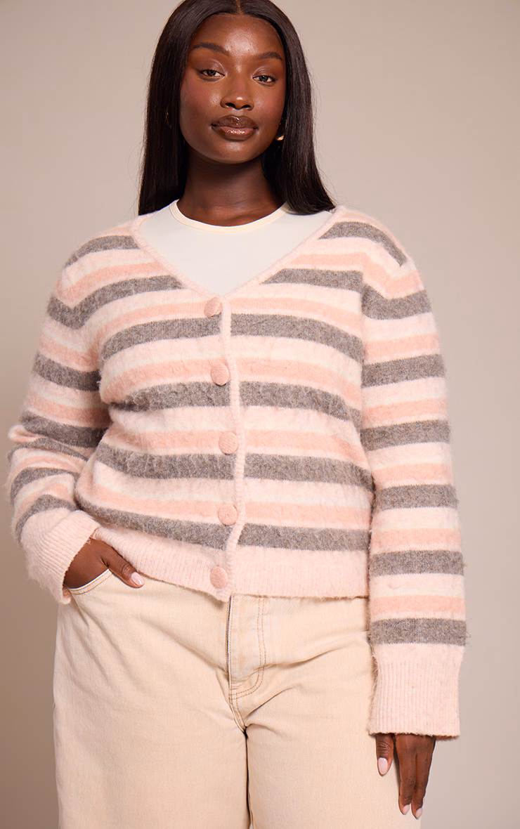 Plus Pink Striped Brushed V Neck Covered Button Knitted Cardigan