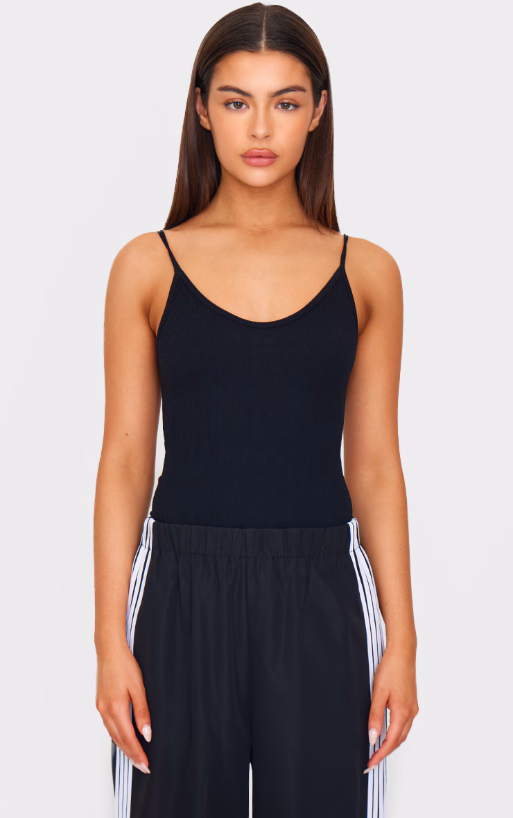 Black Snatched Rib Strappy Bodysuit