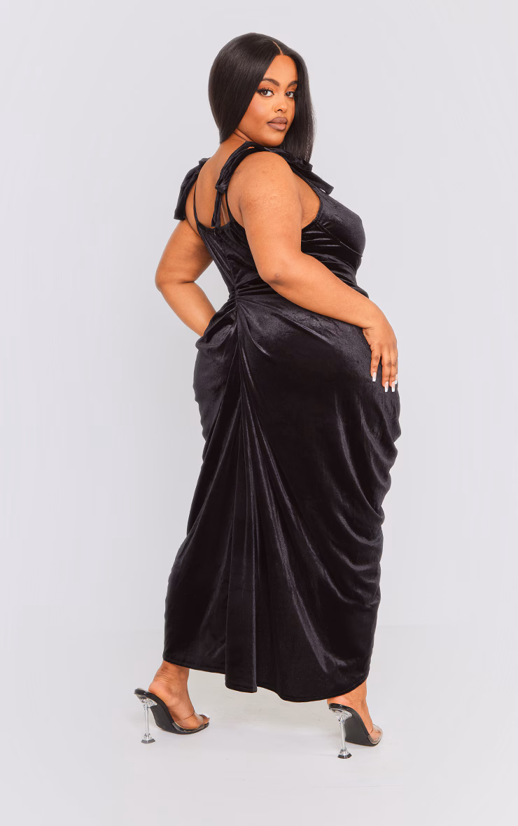 Plus Black Velvet Underwire Detail Draped Midi Dress