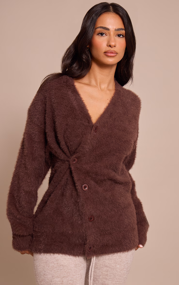 Petite Chocolate Asymmetric Button Up Sweater