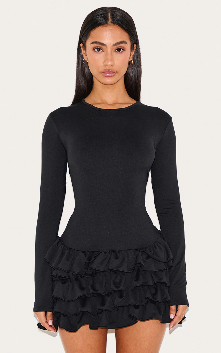 Petite Black Long Sleeve Frill Detail Shift Mini Dress