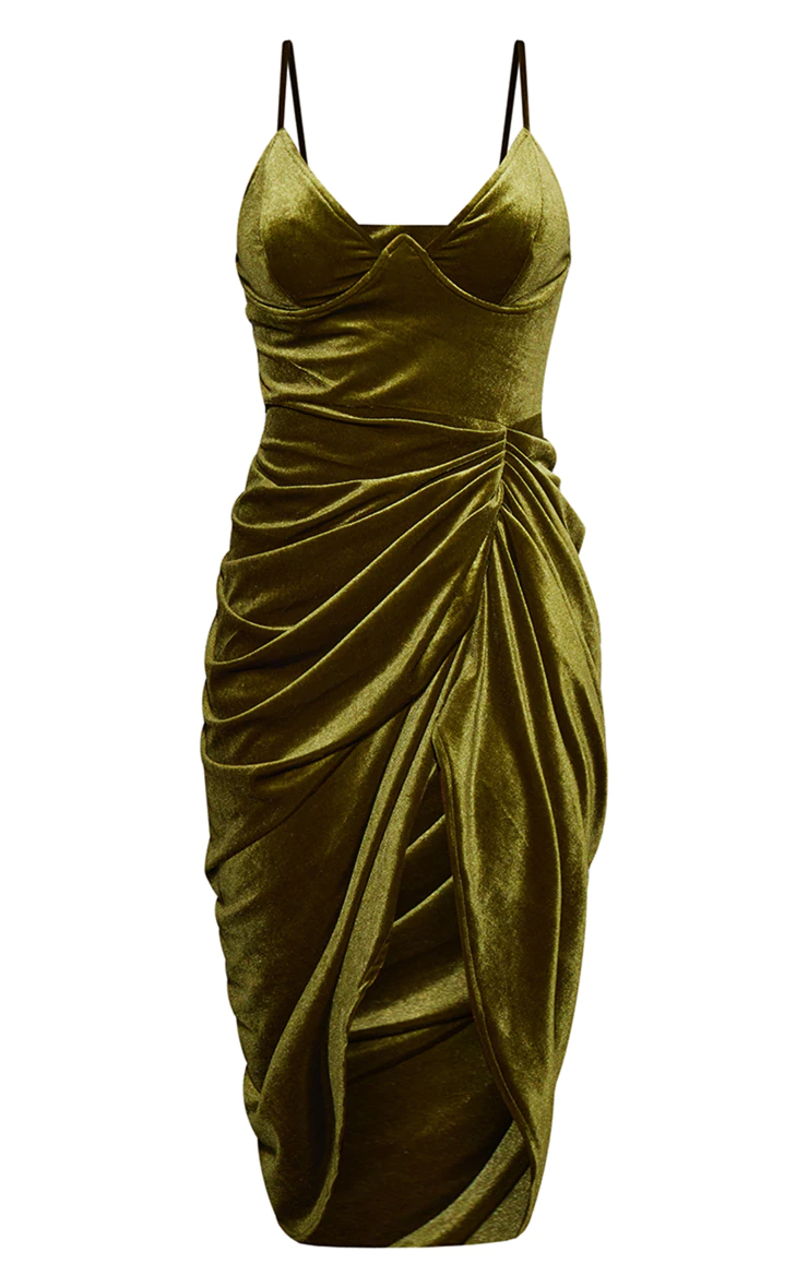 Olive Velvet Underwired Strappy Draped Midi Dress