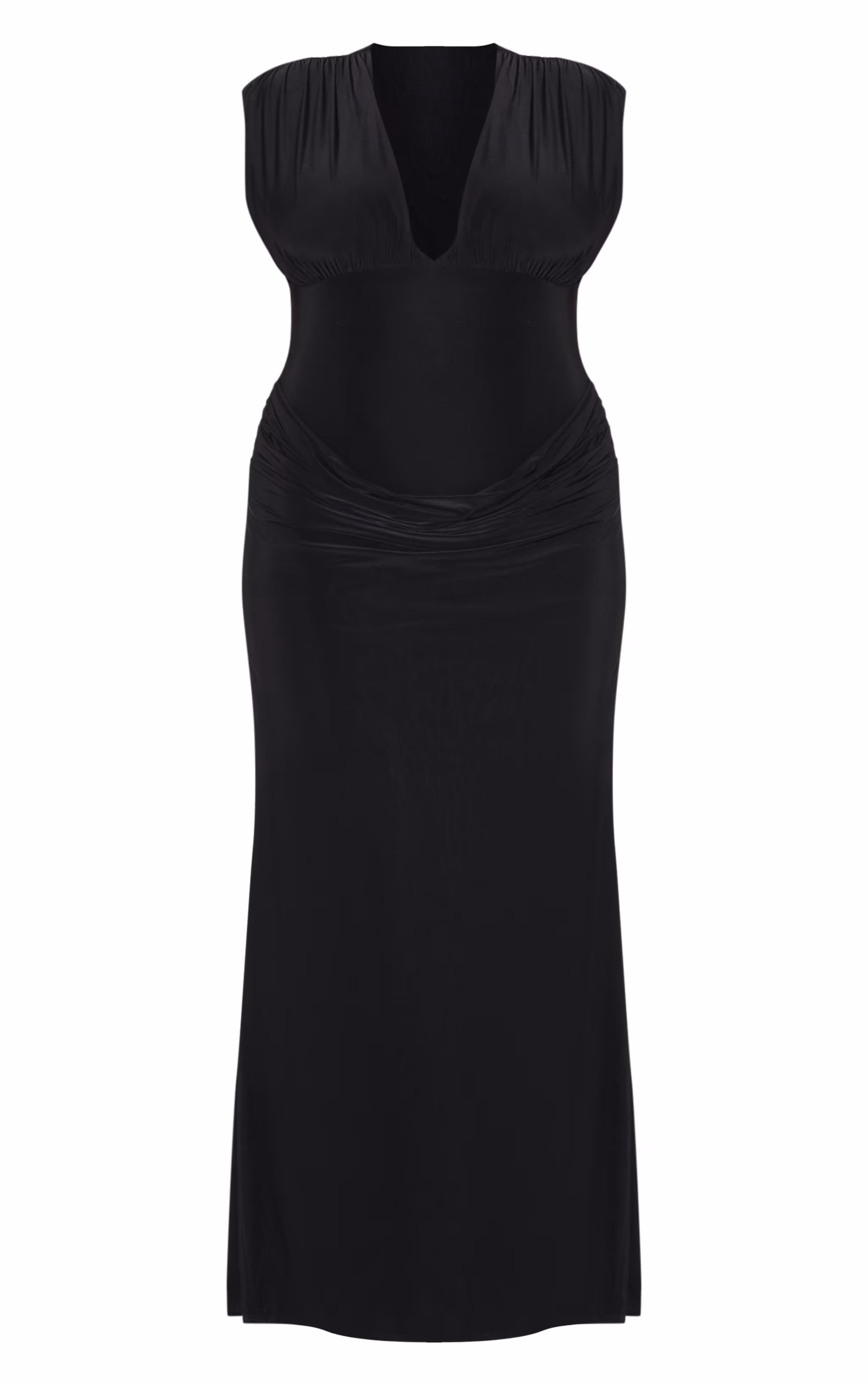 Plus Black Double Layer Plunge Ruched Shoulder Drape Waist Maxi Dress