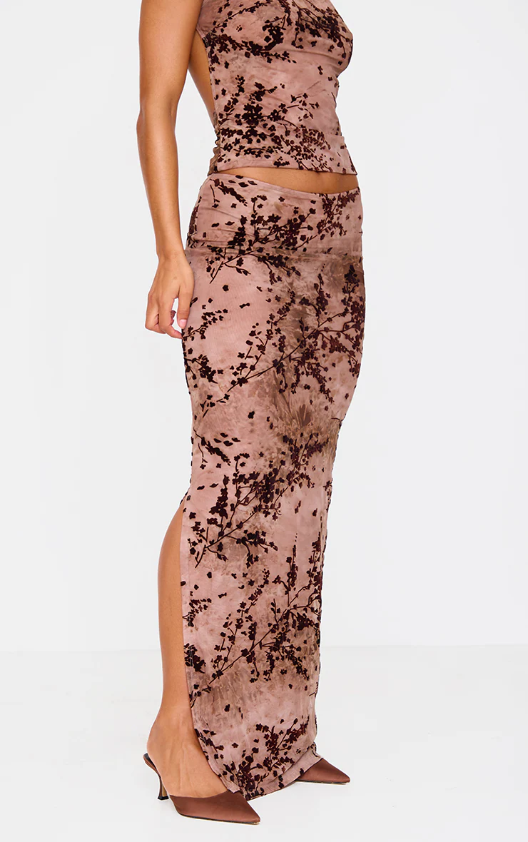 Mauve Floral Print Devore Mesh Ruched Maxi Skirt
