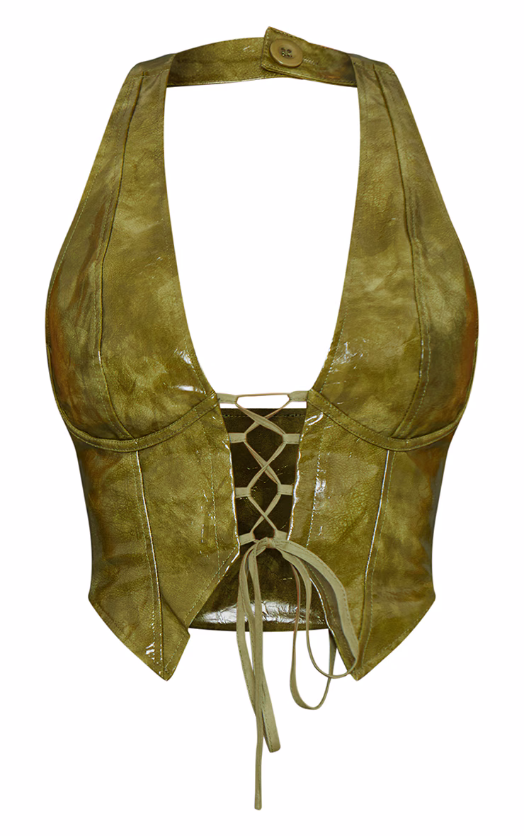 Olive Washed Faux Leather Lace Up Plunge Halterneck Top