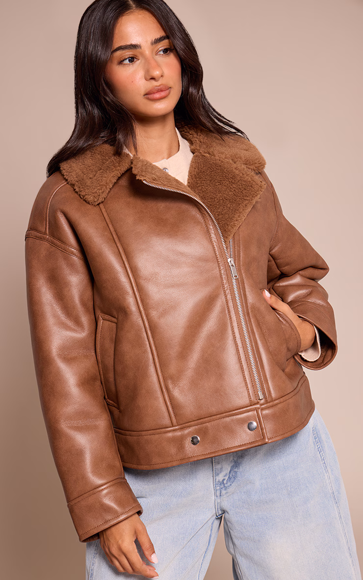 Petite Brown Borg Collar Faux Leather Aviator