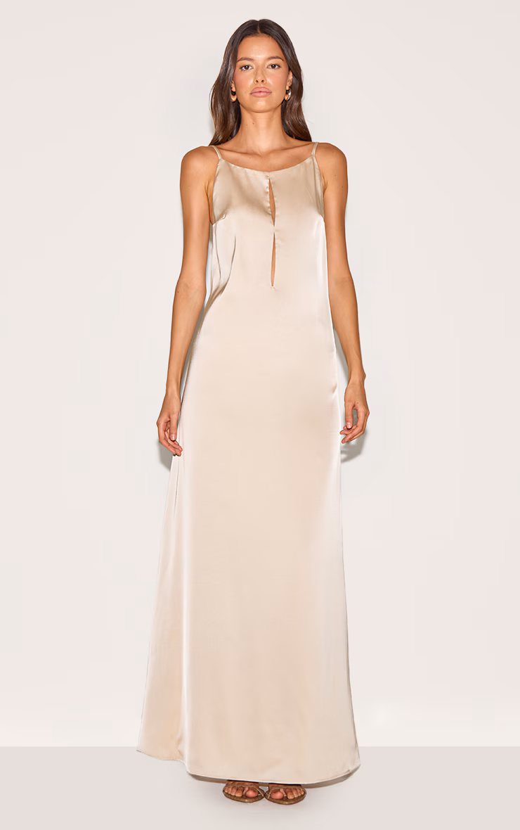 Natural Satin Keyhole Cut Out Slip Dress