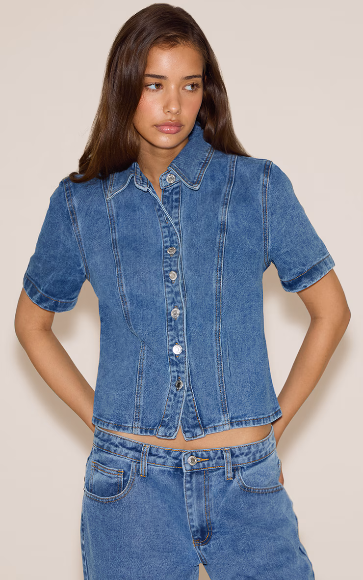 Mid Blue Wash Short Sleeve Fitted Denim Shirt