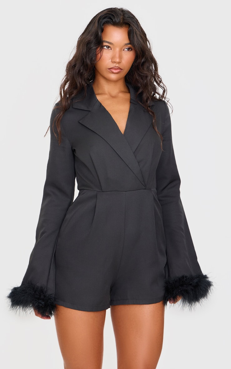 Black Feather Cuff Blazer Romper
