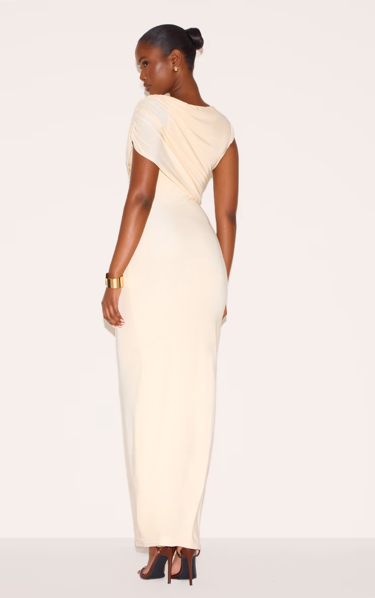 Almond Double Layer Slinky Off Shoulder Drape Maxi Dress