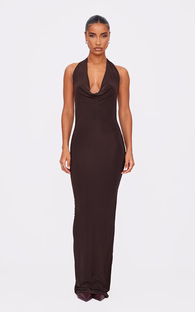 Chocolate Soft Touch Cowl Neck Twist Back Detail Maxi Dress