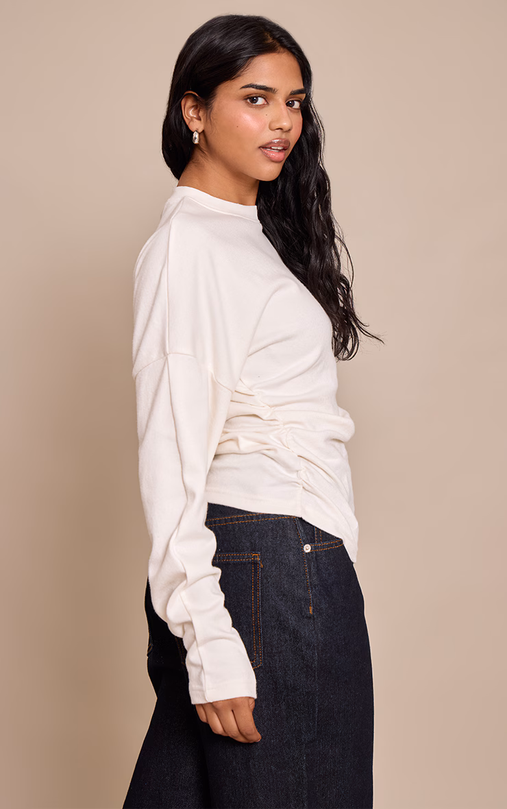 Petite Cream Ruched Waist Long Sleeve Top