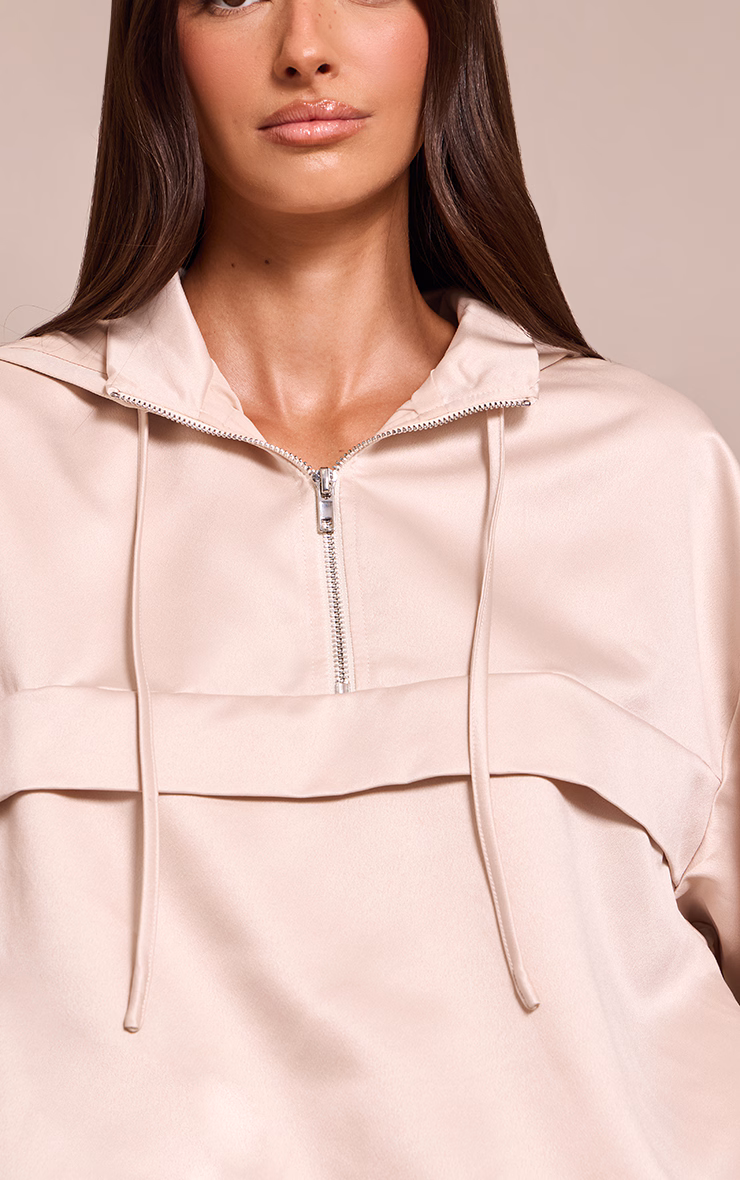 Oyster Satin Zip Up Hooded Pullover Jacket