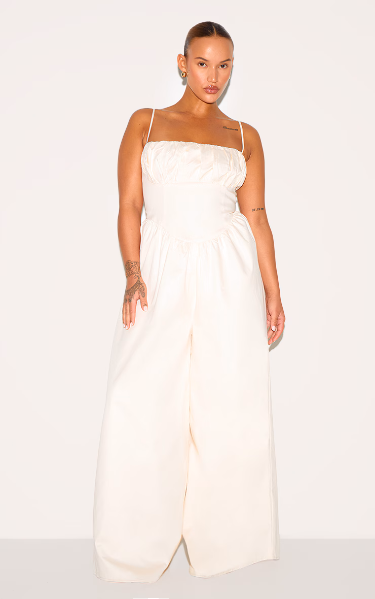 Plus Cream Premium Ruched Corset Detail Wide Leg Jumpsuit