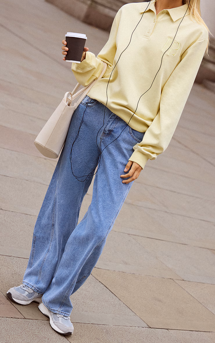 Mid Blue Wash Seam Detail Relaxed Wide Leg Jeans