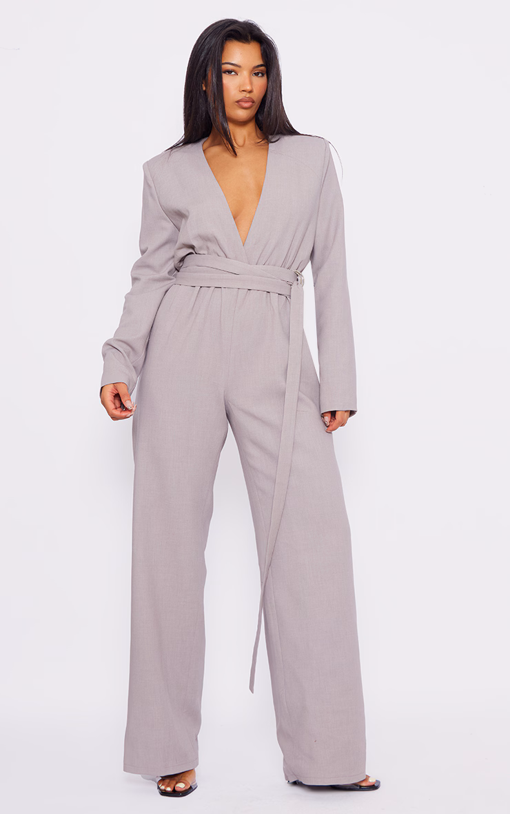 Light Grey Strap Detail Cross Over Wide Leg Jumpsuit
