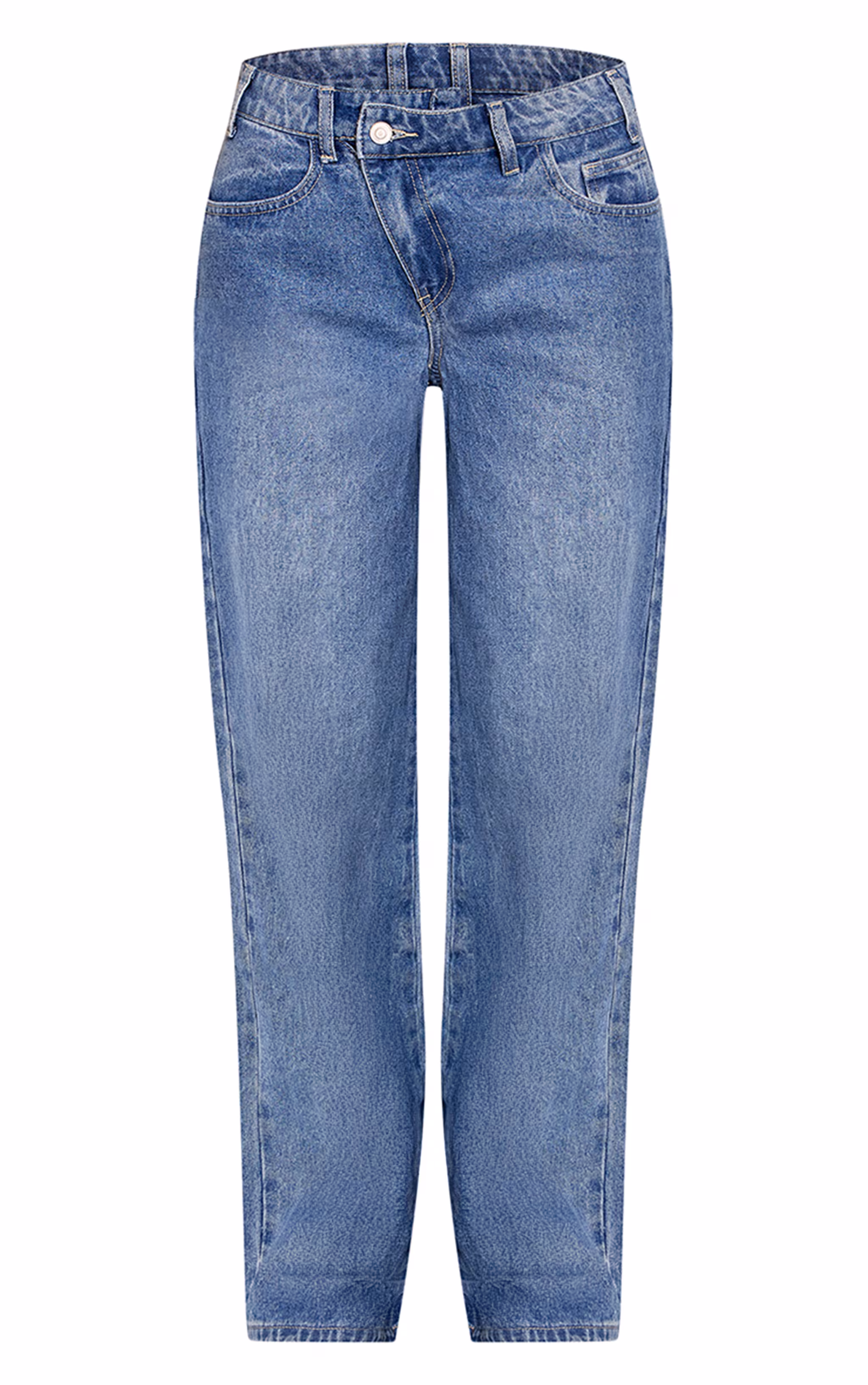 Mid Blue Asymmetric Waistband Wide Leg Jeans