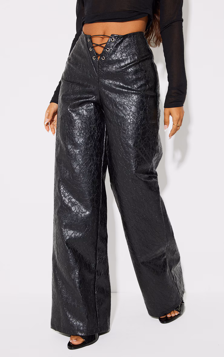 Petite Black Faux Leather Cracked Effect Lace Up Wide Leg Pants