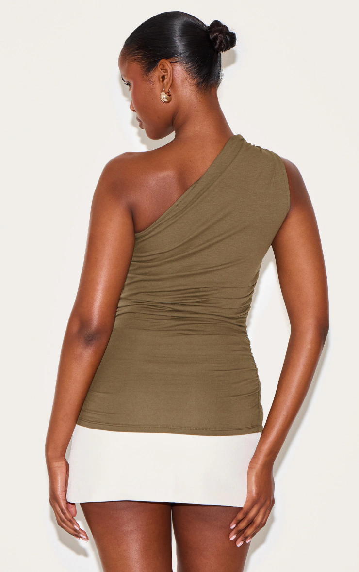 Olive Asymmetric Ruched Sleeveless Long Top