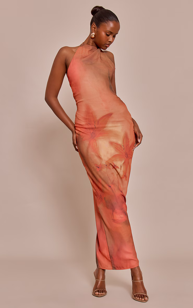 Orange Floral Printed Chiffon High Neck Maxi Dress