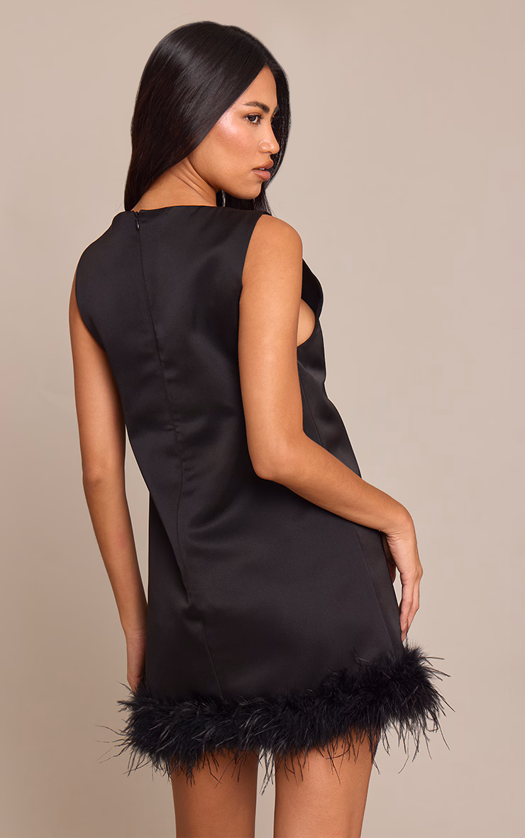 Black Feather Hem Woven Shift Dress