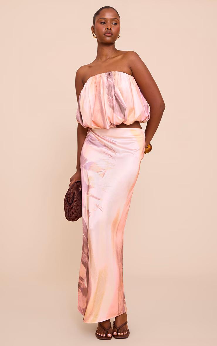 Multi Abstract Print Satin Puffball Bandeau Top