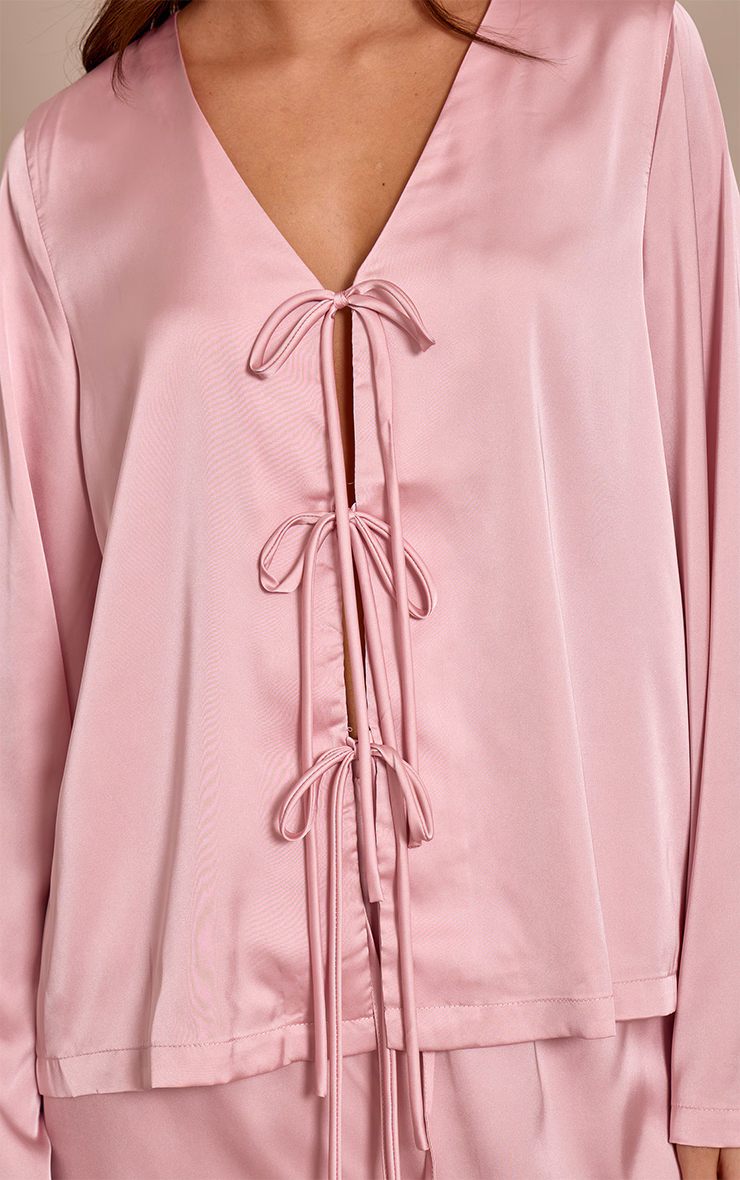 Mauve Satin Tie Front Long Sleeve PJ Set