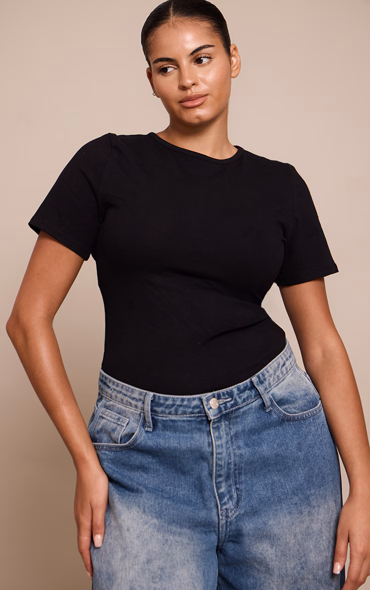 Plus Black Cotton Crew Neck Short Sleeve Bodysuit