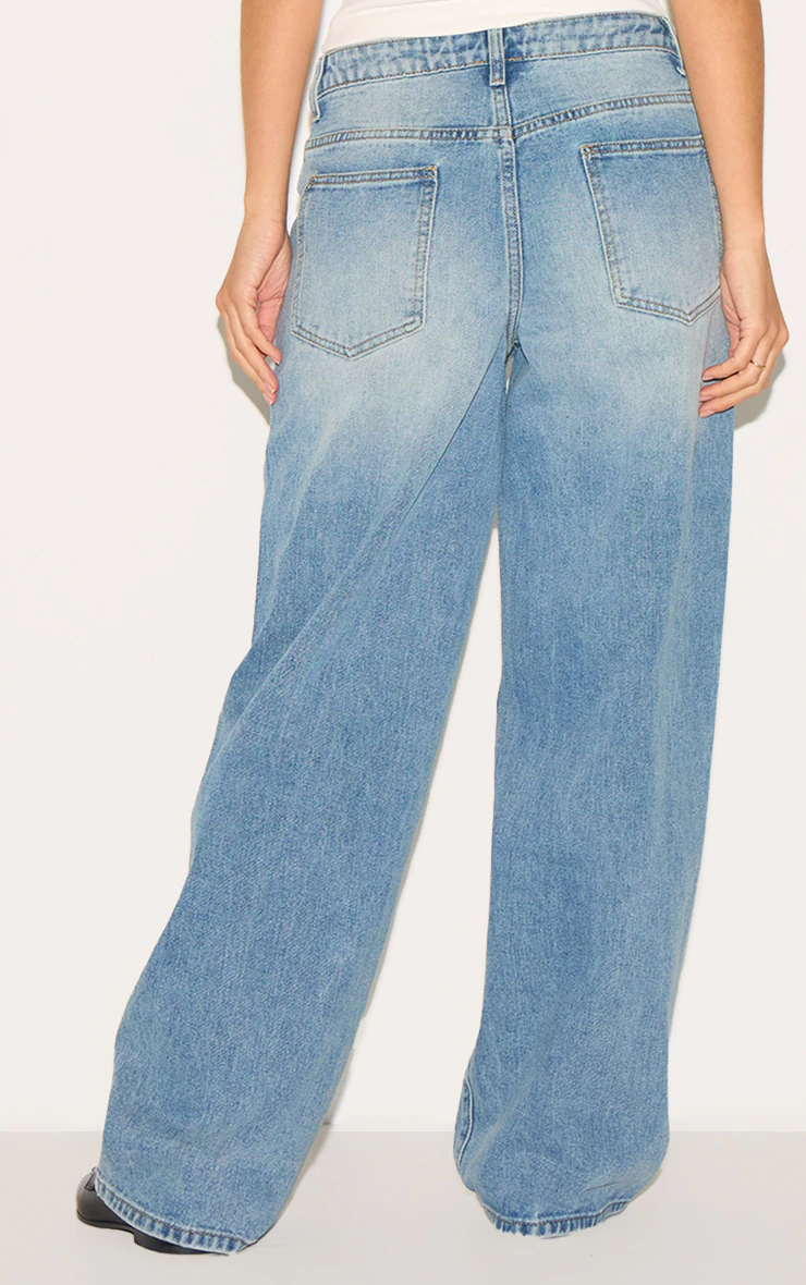 Mid Blue Wash Low Rise Wide Leg Jeans