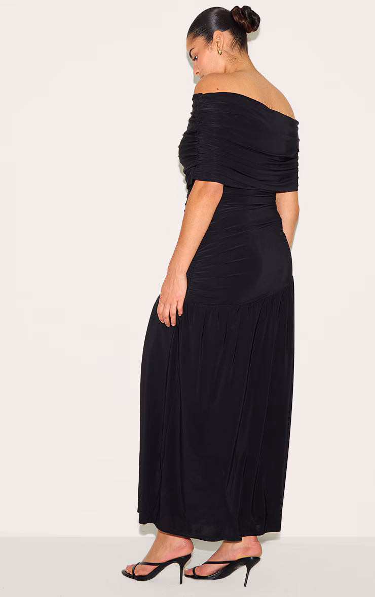 Plus Black Double Layer Slinky Bardot One Shoulder Ruched Maxi Dress