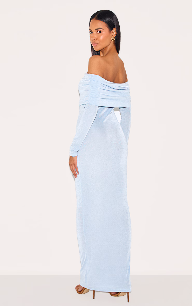 Light Blue Acetate Slinky Bardot Long Sleeve Maxi Dress