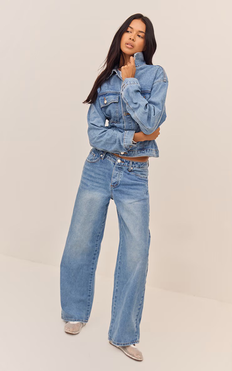Mid Blue Wash Pleated Cinch Back Denim Jacket