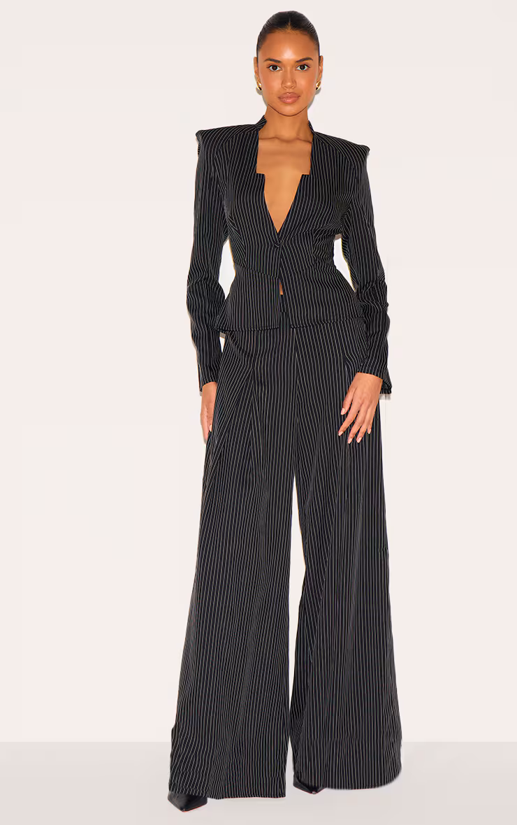 Black Pinstripe Shirt Detail Straight Leg Jumpsuit