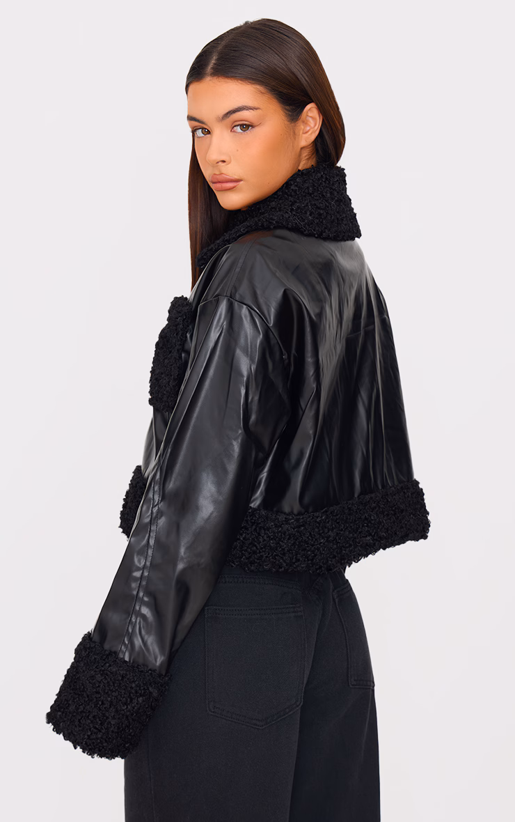 Black Borg Pocket Front Faux Leather Cropped Coat