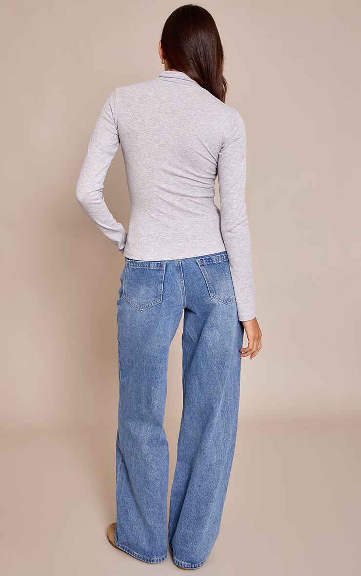 Mid Blue Asymmetric Waistband Wide Leg Jeans