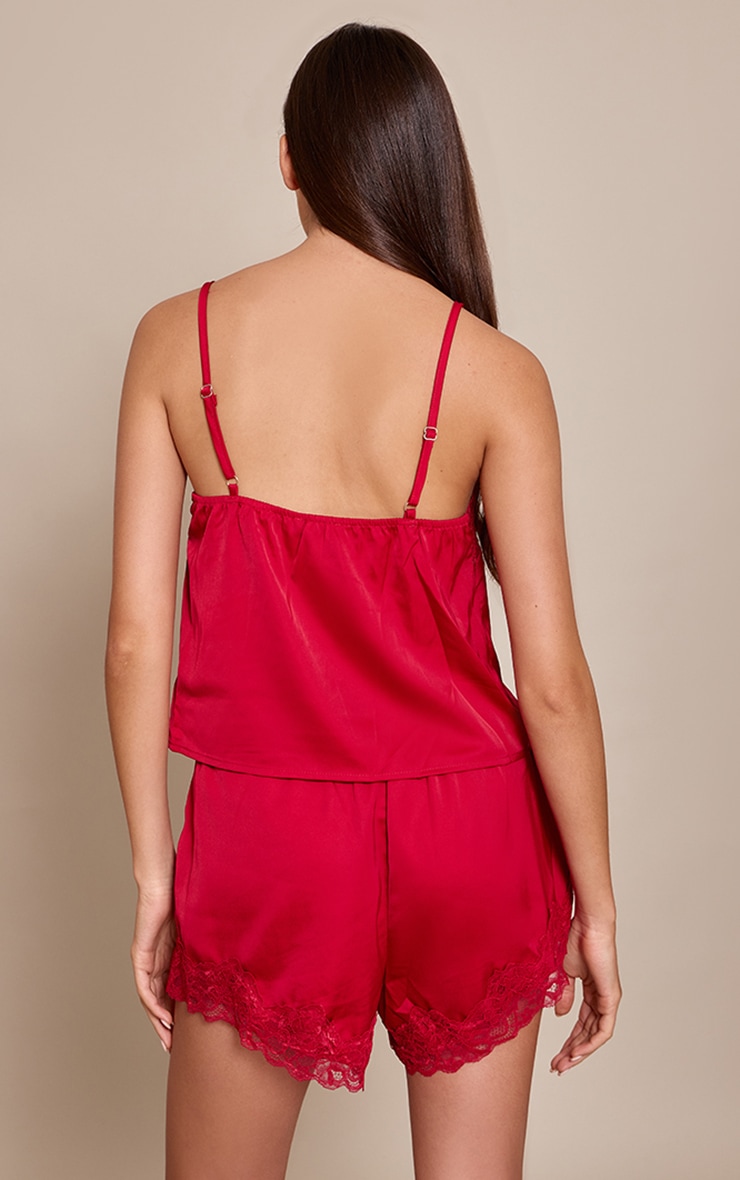 Red Satin Lace Detail Shorts Cami PJ Set