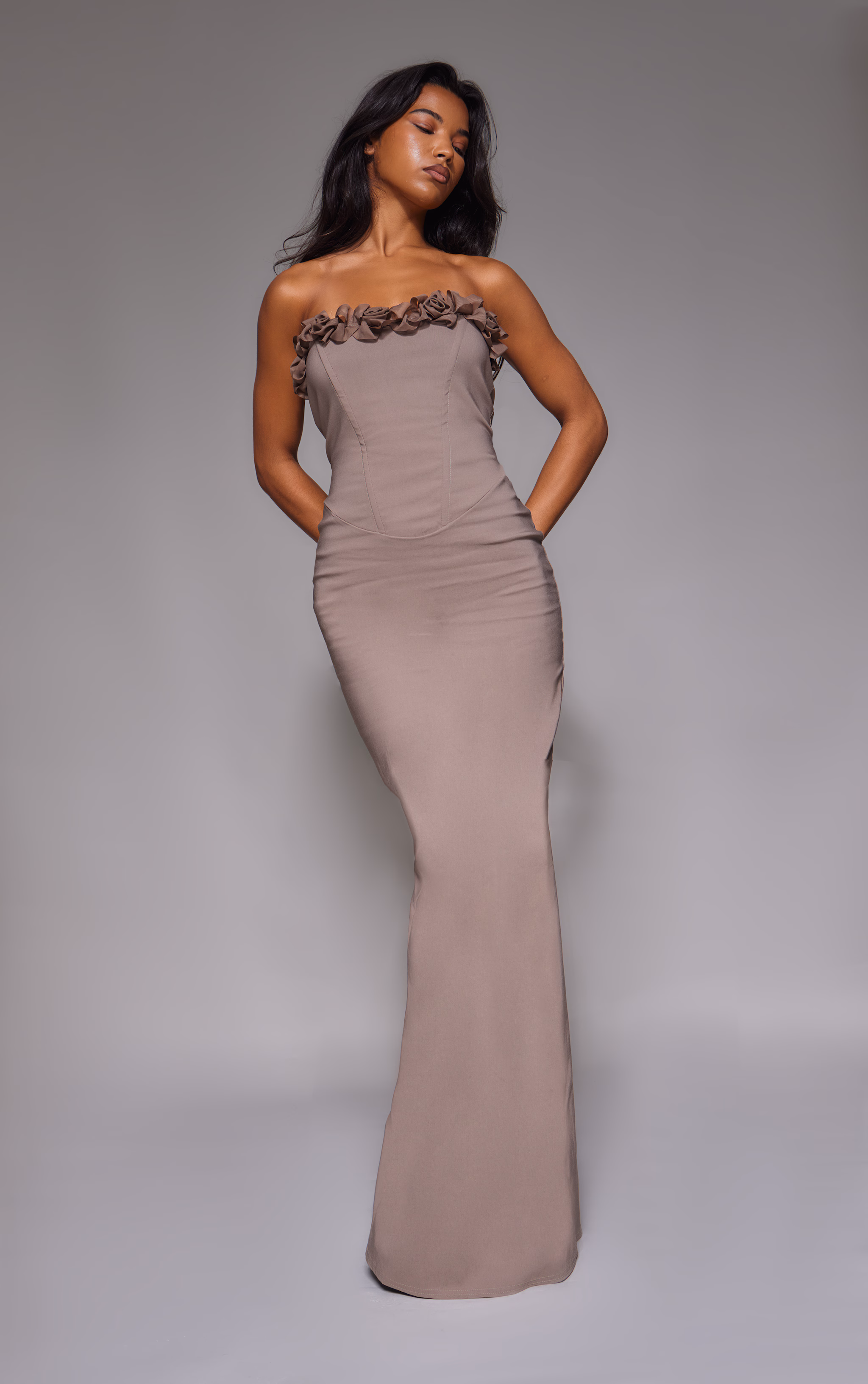 Mocha Stretch Woven Rosette Bandeau Maxi Dress