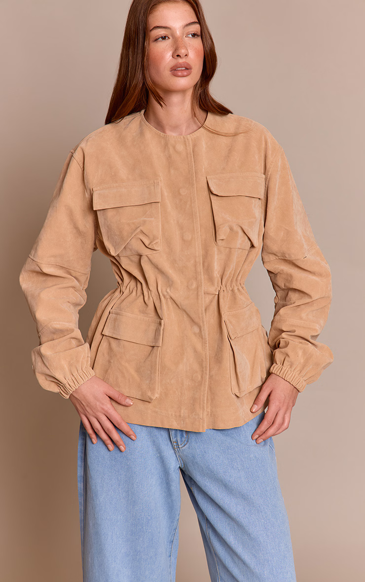 Sand Structured Faux Suede Pocket Detail Adjustable Waist Jacket