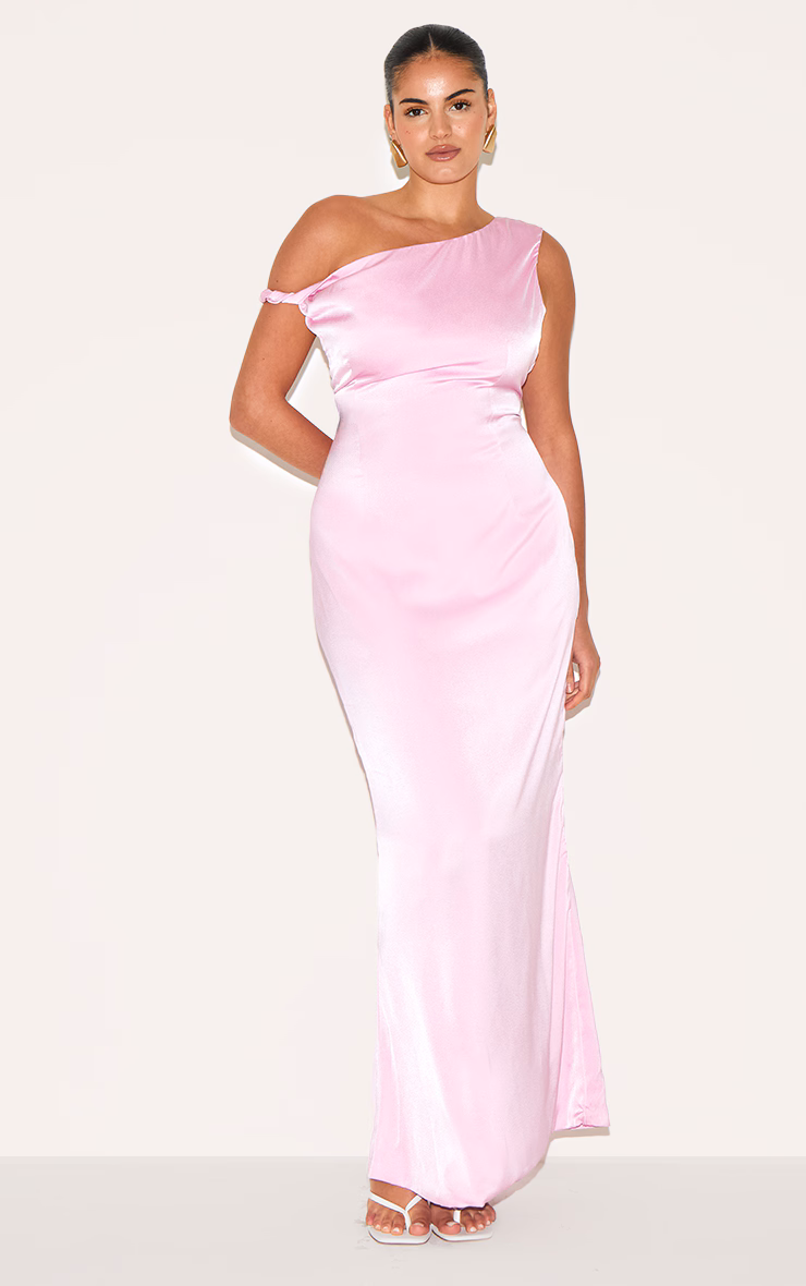 Plus Candy Pink Satin Asymmetric Bardot Twist Maxi Dress