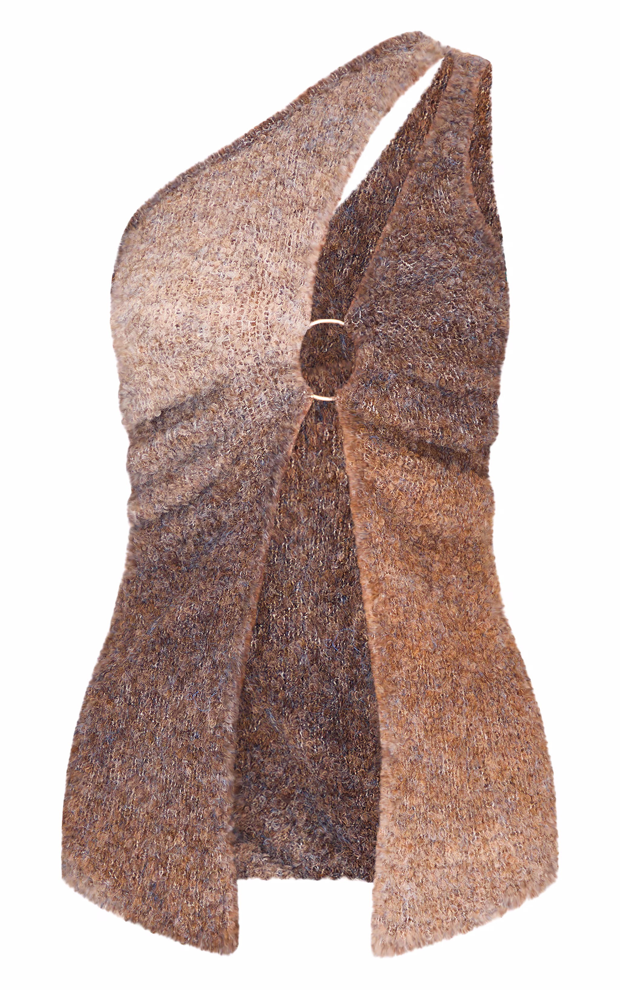 Mocha Stripe Textured Knit O Ring Asymmetric Cut Out Top