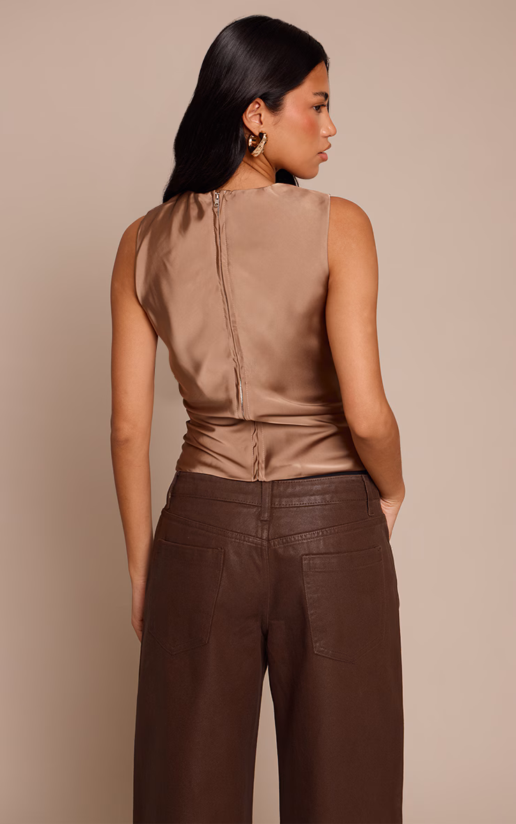 Mocha Satin Overlay Twist Detail Long Top