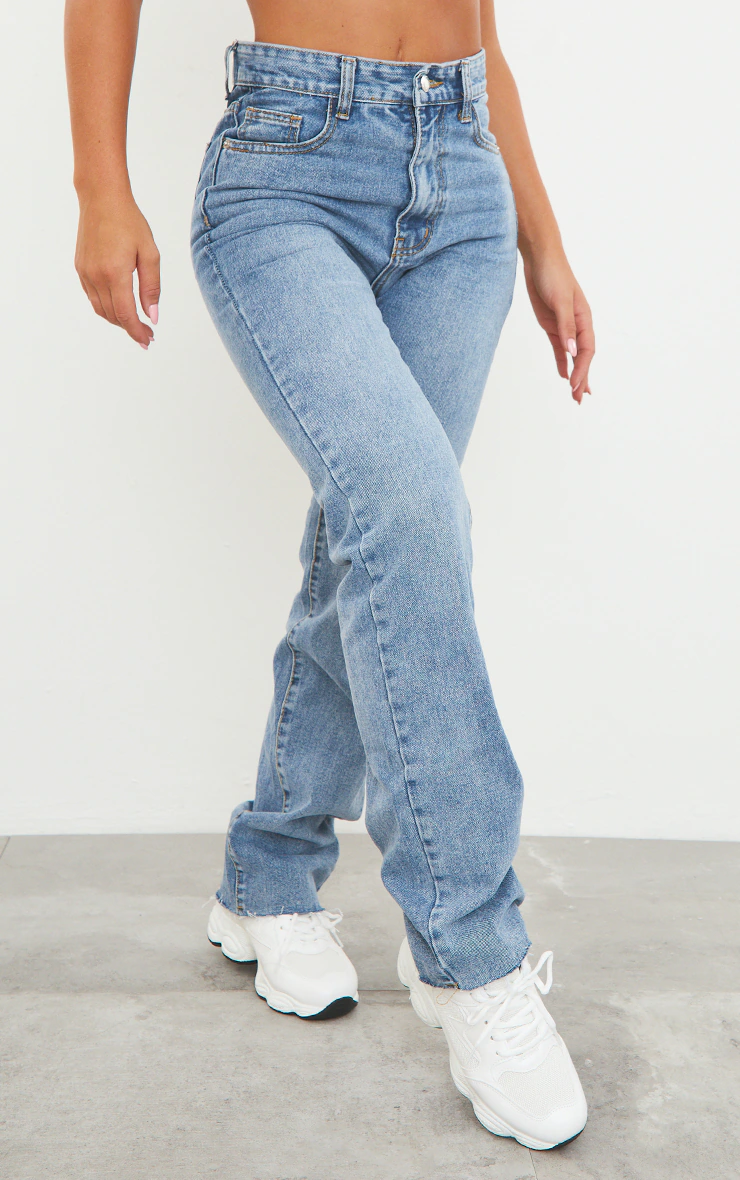 Mid Blue Wash Long Straight Leg Raw Hem Jeans