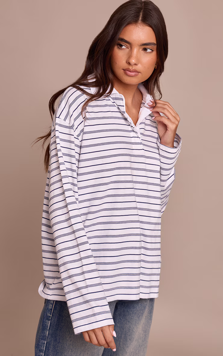 Monochrome Stripe Cotton Polo Collar Long Sleeve Top