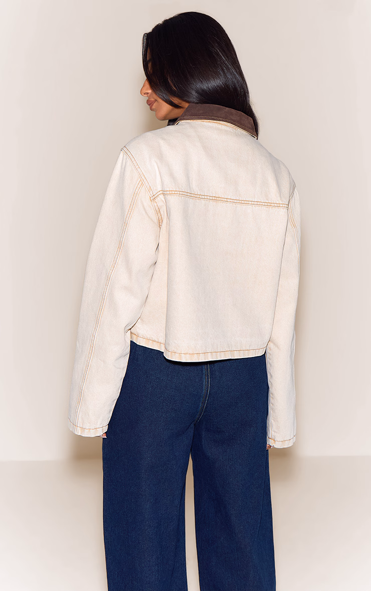 Petite Beige Denim Jacket With Contrast Collar