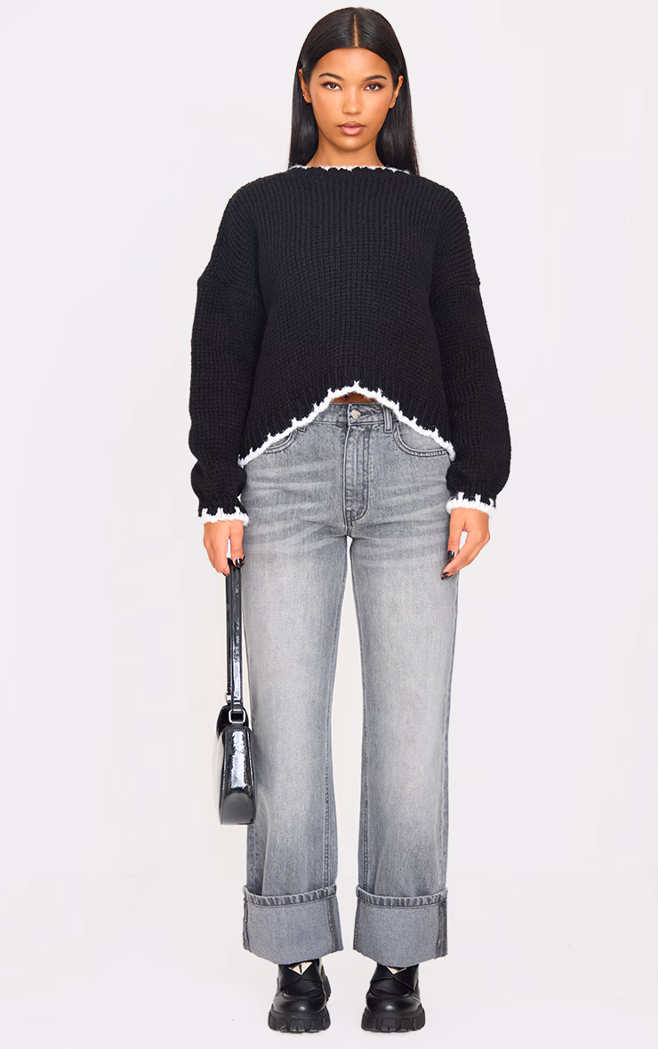 Monochrome Blanket Stitch Oversized Knit Sweater