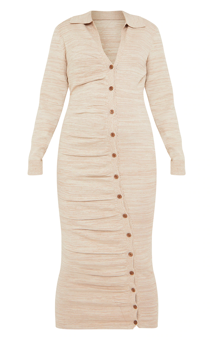 Maternity Stone Knitted Asymmetric Buttons Ruched Bump Midi Dress