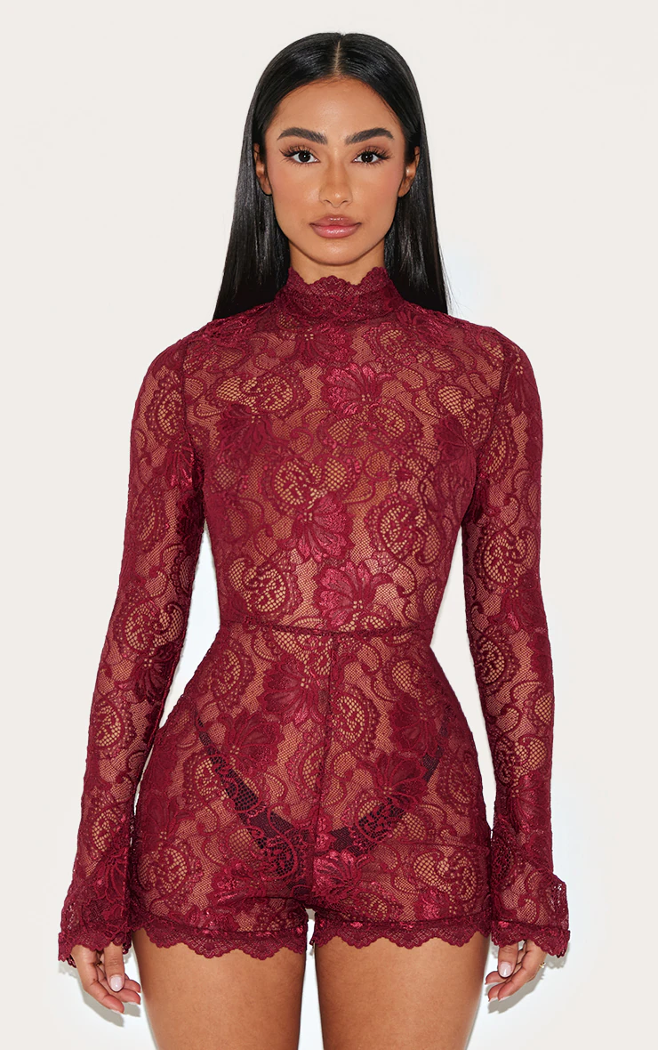 Petite Burgundy Lace Long Sleeve Fitted Romper