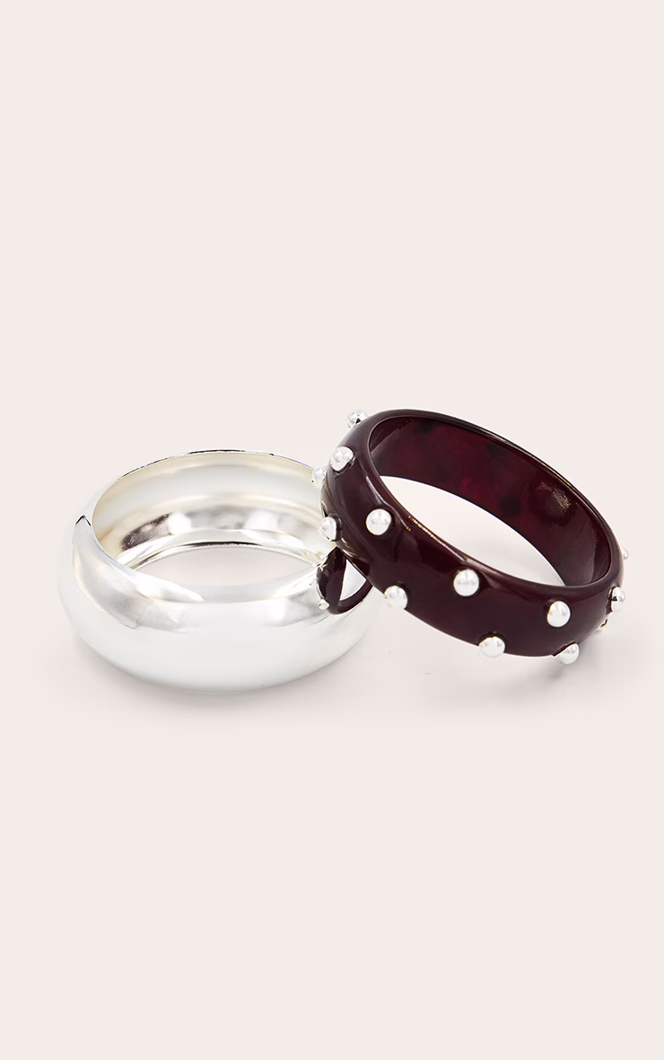 Plum and Silver Studded Resin Bangle Set
