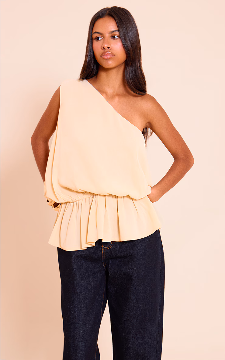 Petite Almond Sheer One Shoulder Flowy Ruched Long Top
