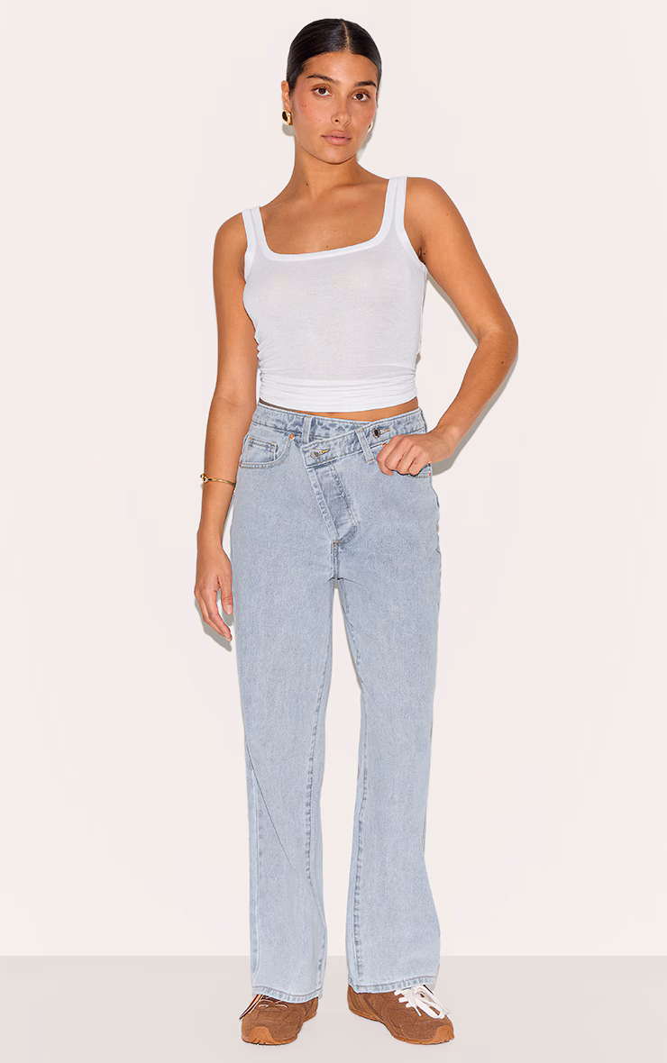 Petite Light Blue Denim Asymmetric Waistband Straight Leg Jeans